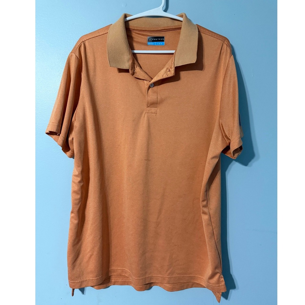 PGA Tour Men's L Short Sleeve Golf Polo Shirt Orange Collar Performance 0718